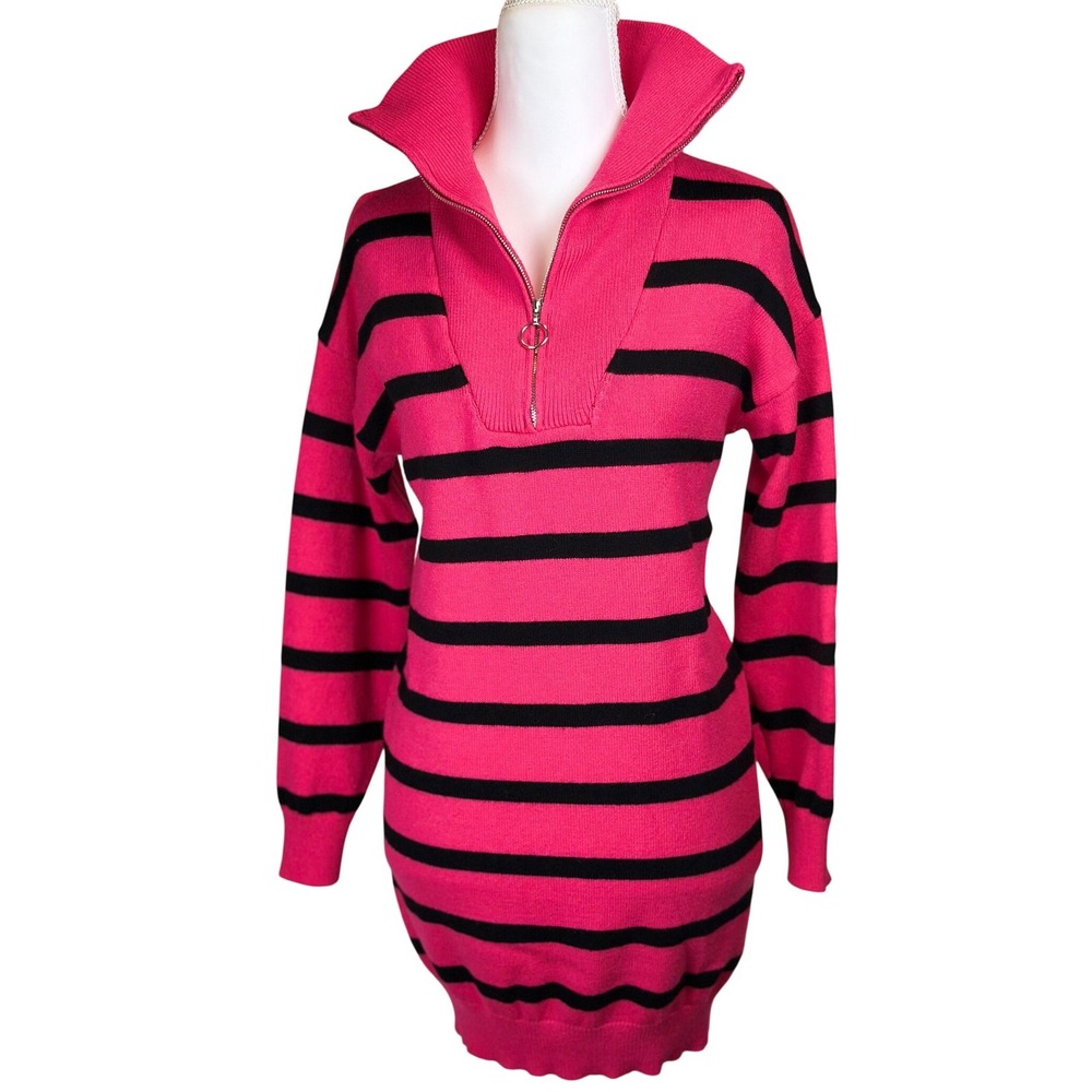 Dokotoo Pink Black Striped Quarter Zip Sweater Dress Small Ring Pull Knit